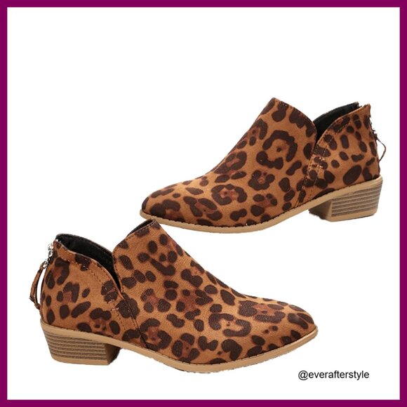 Leather Ankle Booties with Low Chunky Heel and V-Cut Design